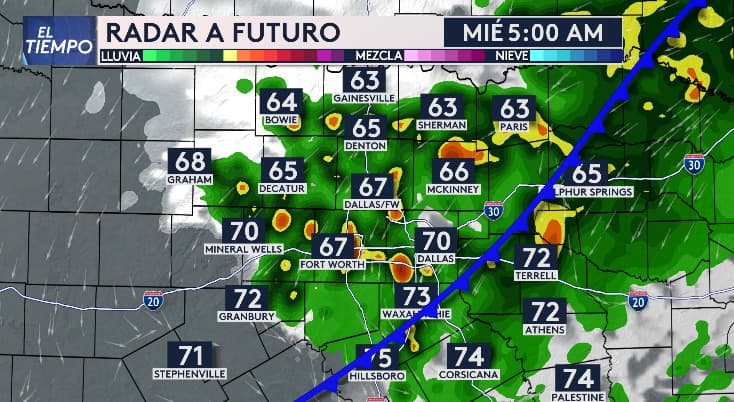 Alrededor de las 5 de la mañana, áreas como
<b>Dallas, Fort Worth, McKinney y Denton podrían registrar tormentas y aguaceros, lo que afectará el tráfico matutino</b>. Se recomienda tomar precauciones, especialmente en zonas propensas a inundaciones repentinas.