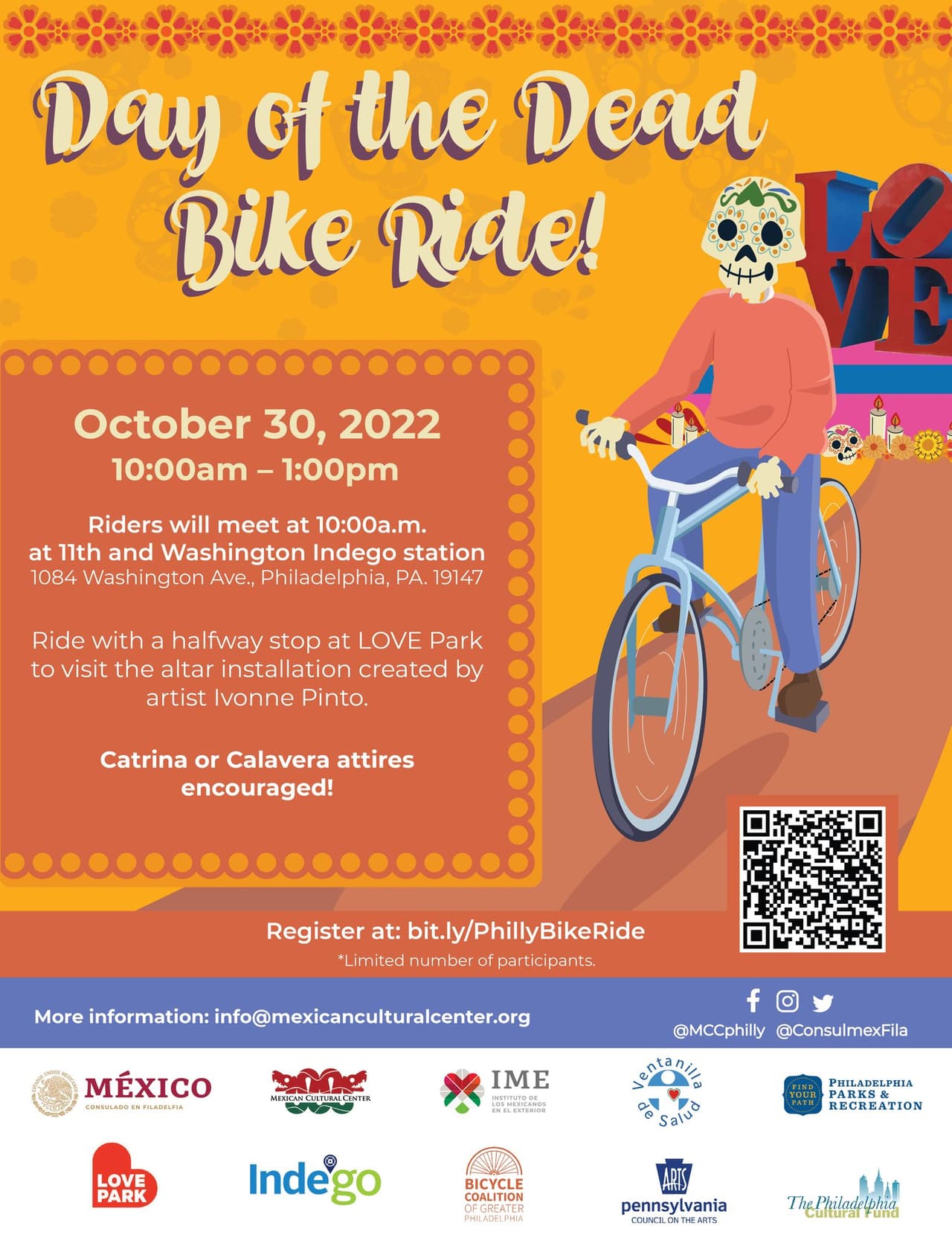 <b><a href="https://bicyclecoalition.secure.nonprofitsoapbox.com/component/events/event/888?fbclid=IwAR0Q7mWfFLKJEVdWU9qG-INw0CWhDueyAsAM5hB8x_0R42hgfVMqqXLOYhk">Day of the Dead Bike Ride (30 de octubre)</a></b>. El paseo gratuito será un recorrido de 3.5 millas a un ritmo pausado, con una parada a mitad de camino en LOVE Park y una visita a la instalación del altar creada por la artista Ivonne Pinto García.