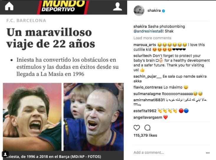 Aunque este lunes, 30 de abril, Shakira lo identificó y compartió el 'photobomb' que le hizo su pequeño Sasha, de 3 años, al retirado futbolista Andrés Iniesta.