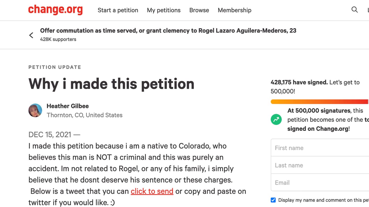 “Hice esta petición porque soy nativa de Colorado, que cree que 
<b>este hombre no es un criminal y esto fue solo un accidente. </b>No soy pariente de Rogel, ni de nadie de su familia, simplemente creo que no merece su sentencia o estos cargos”, dijo Gilbee en la página de Internet que ya acumula más 3,060,000 firmas.