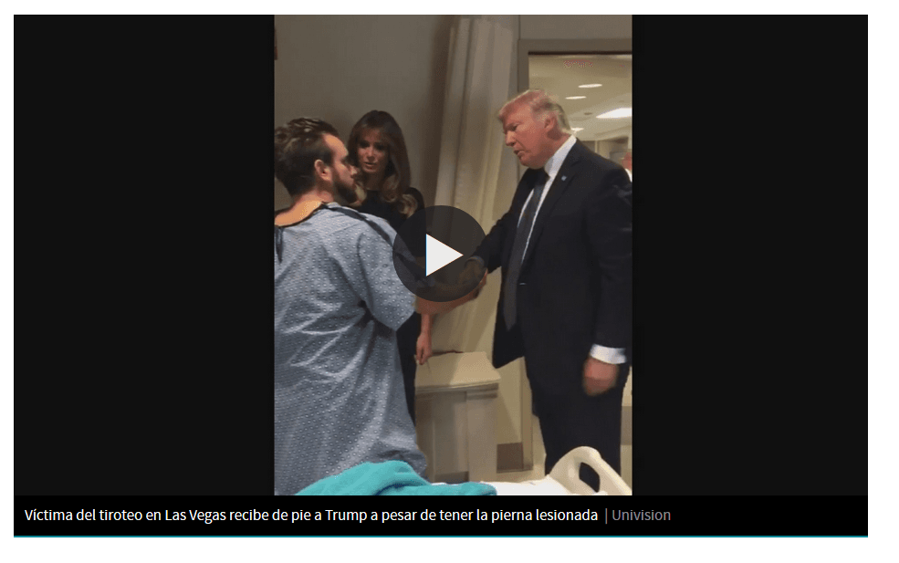 <b>El herido de bala en Las Vegas que no podía quedarse sentado</b>
<br>En medio de la conmoción por el tiroteo de Las Vegas que costó la vida a 58 personas, el vídeo de Thomas Gunderson, un joven 
<a href="https://www.univision.com/noticias/trending/no-podia-quedarme-sentado-el-video-viral-del-herido-de-bala-en-las-vegas-que-se-levanto-a-saludar-a-trump">herido de bala</a> que se levanta para saludar al presidente a pesar de estar herido en la pierna se hizo viral. “No podía quedarme sentado”, dijo 
<a href="https://www.facebook.com/profile.php?id=100004133597768">en el vídeo que subió a Facebook</a>.