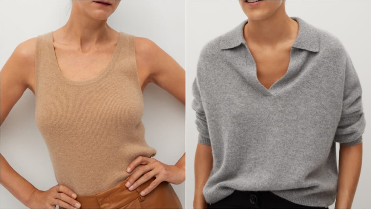 <b><a href="https://shop.mango.com/us/women/cardigans-and-sweaters-sweaters/cashmere-polo-style-sweater_77005912.html?&utm_source=2299623&utm_medium=affiliate&utm_campaign=CJ&cjevent=11fd964d5f4711eb81a4001a0a240613" target="_blank">Polo y Tank top de Mango </a></b>
<br>
<b>Precio: </b>Polo $99 / Tank top $39
<br>La marca española Mango tiene modelos súper interesantes en 100% cashmere, como este suéter estilo polo en dos colores básicos por menos de $100 dólares o una tank top en oferta por menos de $40. Sin embargo, hay dos puntos a tomar en cuenta: uno, su sitio no es muy específico con el origen de la fibra ni el país de confección. Dos, en el sitio hay una línea llamada "cashmere activewear" por $70 dólares pero que sólo contiene el 3% de esta fibra.
<br>
<br>