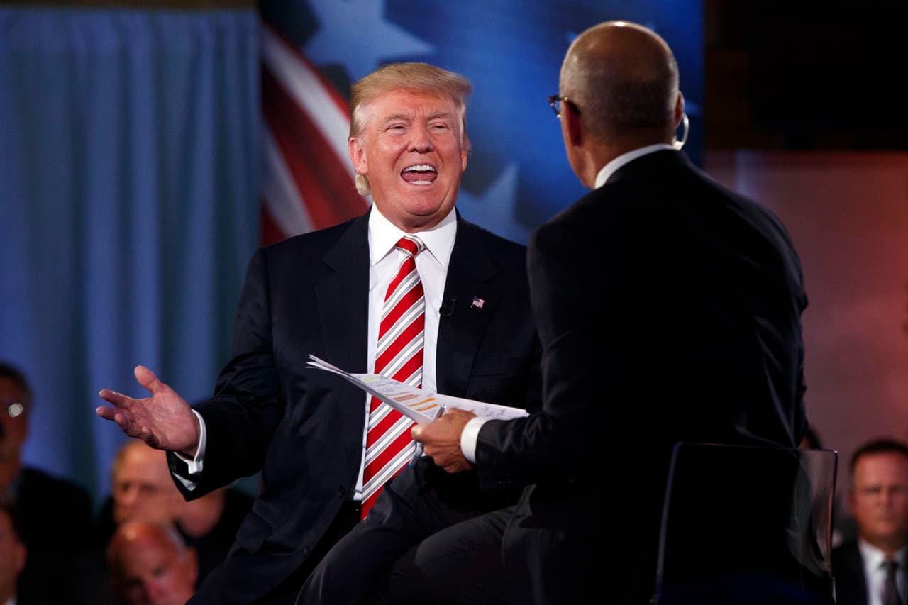 El candidato presidencial republicano Donald Trump habla con el presentador de la NBC Matt Lauer en el foro sobre polítca exterior realizado en el museo Intrepid Sea, Air and Space en Nueva York el miércoles, 7 de septiembre del 2016. (AP Foto/Evan Vucci)