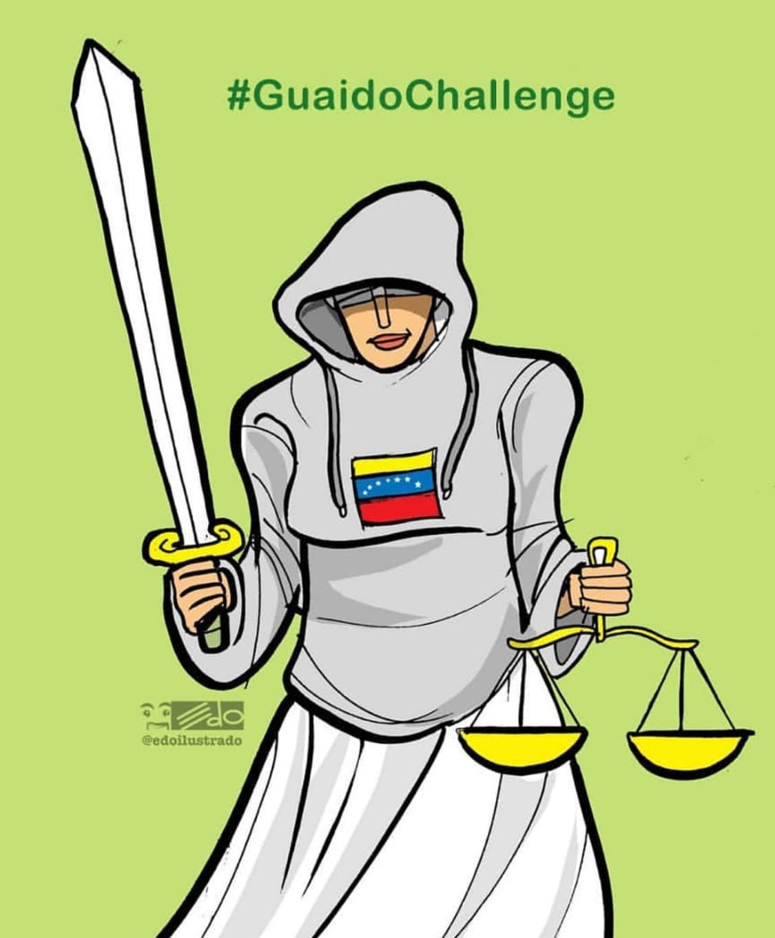 El conocido caricaturista venezolano EDO asumió el reto con el símbolo de la justicia pero encapuchada.
