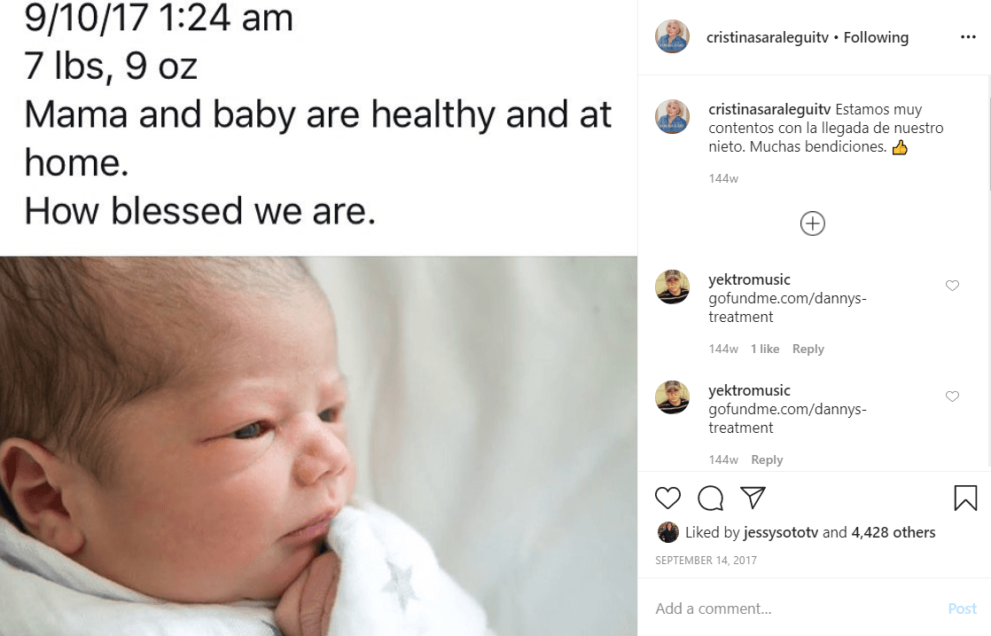 El 10 de septiembre de 2017 nació su nieto más pequeño. Con esta fotografía del recién nacido, la orgullosa abuela anunció su llegada: "Estamos muy contentos con la llegada de nuestro nieto. Muchas bendiciones", escribió.