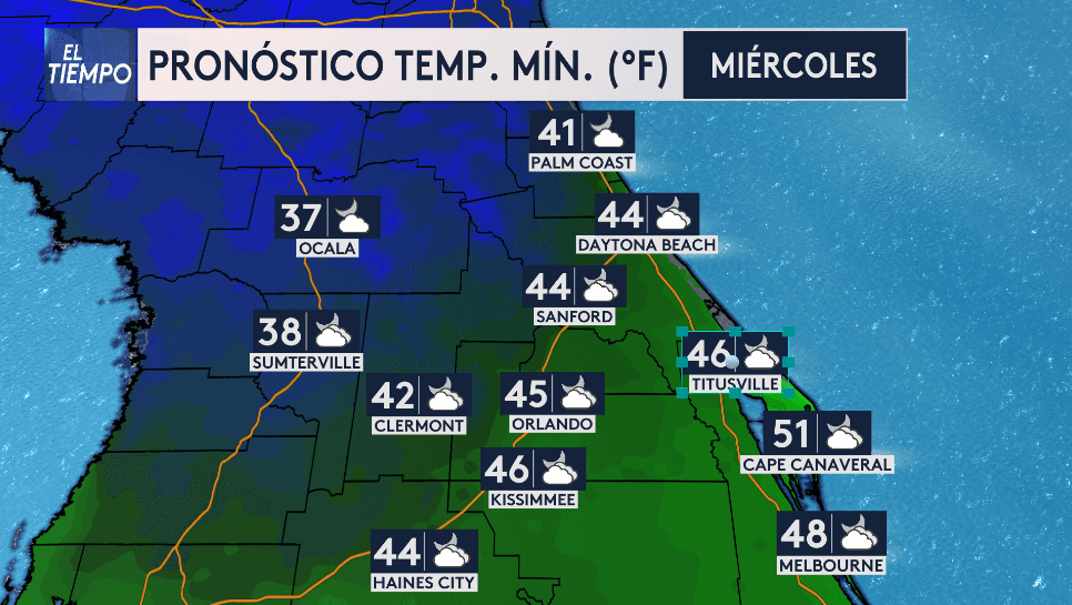 El miércoles tendremos las temperaturas más bajas de toda la semana. Ocala tendrá temperaturas mínimas en los 37 °F en horas de la mañana, pero debido a la brisa se pueden sentir varios grados por debajo. Orlando y Kissimmee estarán en los 45 °F.