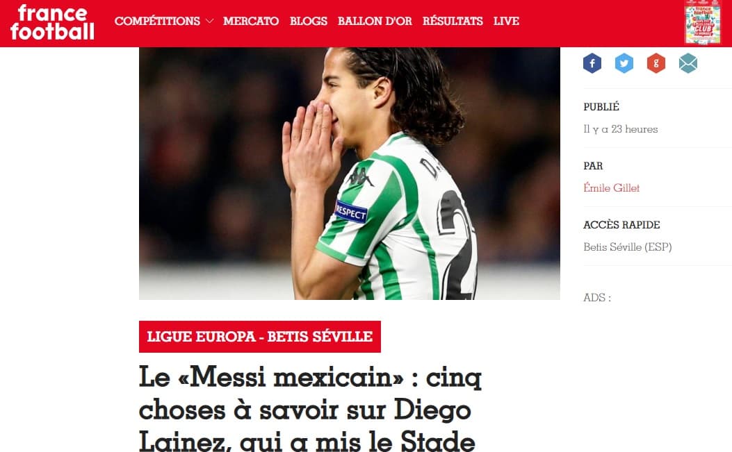 “Le Messi Mexicain” así llamó France Football a Diego Lainez tras gol en Europa League