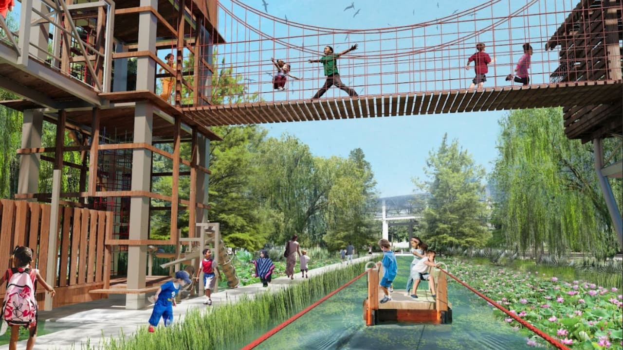 El parque incluirá
<b> instalaciones recreativas y deportivas</b>. Entre los elementos destacados están
<b>áreas de juegos acuáticos, pistas de patinaje sobre ruedas, canchas deportivas, senderos, jardines y zonas dedicadas a actividades acuáticas como kayak y canotaje</b>.