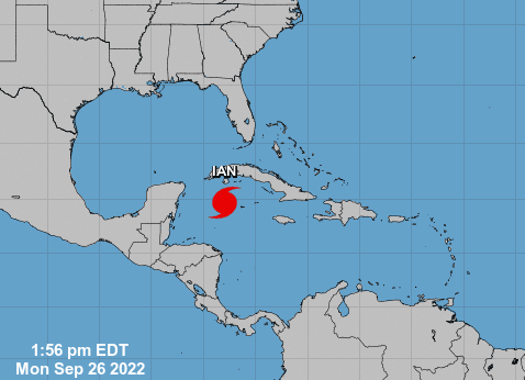 Ubicación del huracán Ian a las 14:00 horas (ET) del lunes 26 de septiembre de 2022, según la información proporcionada por el Centro Nacional de Huracanes.