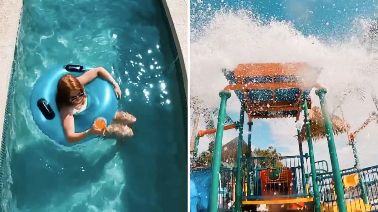 Tiene piscinas al aire libre, un río lento y parque acuático.