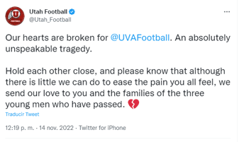 Equipo de la Universidad de Utah condenó el asesinato de tres jugadores en Virginia    