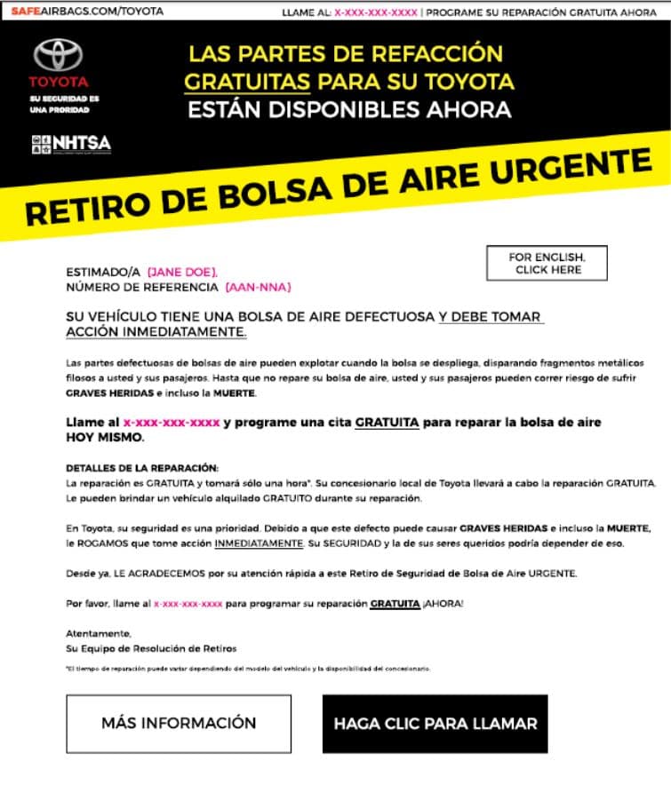 <b>¿Qué hacer?</b>
<br>Descarga gratis la aplicación 
<b>“Airbag Recall” disponible en App Store | Android</b>. A través de la aplicación, verifica si tu vehículo se encuentra afectado. Si lo está, puedes encontrar, a través de la aplicación, un concesionario local para realizar la reparación GRATIS. Los propietarios de vehículos también pueden llamar al número 
<b>1-800-270-9371</b>, y solicitar una cita de reparación SIN COSTO.
<b> Los carros involucrados son los siguientes:</b>