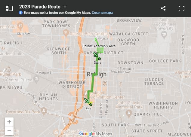Encuentra el mapa del desfile de este año, 
<b><a href="https://www.google.com/maps/d/viewer?mid=1SIwEhMTCzl_K2QcL12yWbWQ1dfmRGvM&ll=35.78035141979531%2C-78.63839785&z=15">aquí</a></b>.