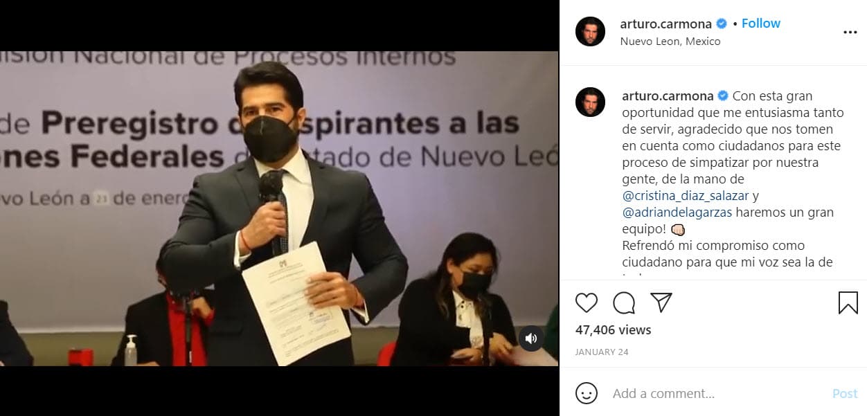 <b>Arturo Carmona </b>también incursiona en la política, el actor contenderá internamente para ser diputado federal en el estado de Nuevo León con el Partido Revolucionario Institucional (PRI).
<br>