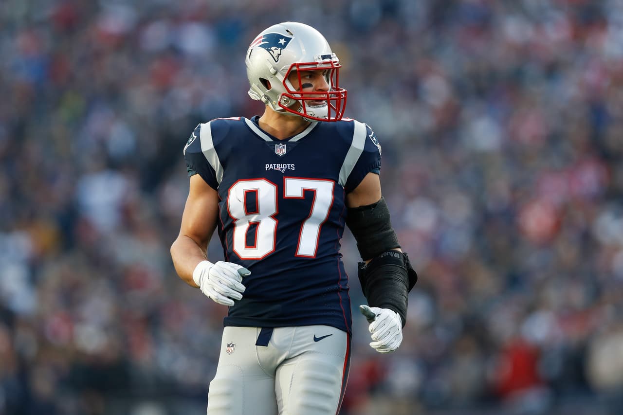 New England Patriots tight end Rob Gronkowski (87) lines up out wide during an NFL AFC Championship football game against the Jacksonville Jaguars on Sunday, Jan. 21, 2018 in Foxborough, Mass. (Aaron M. Sprecher via AP)