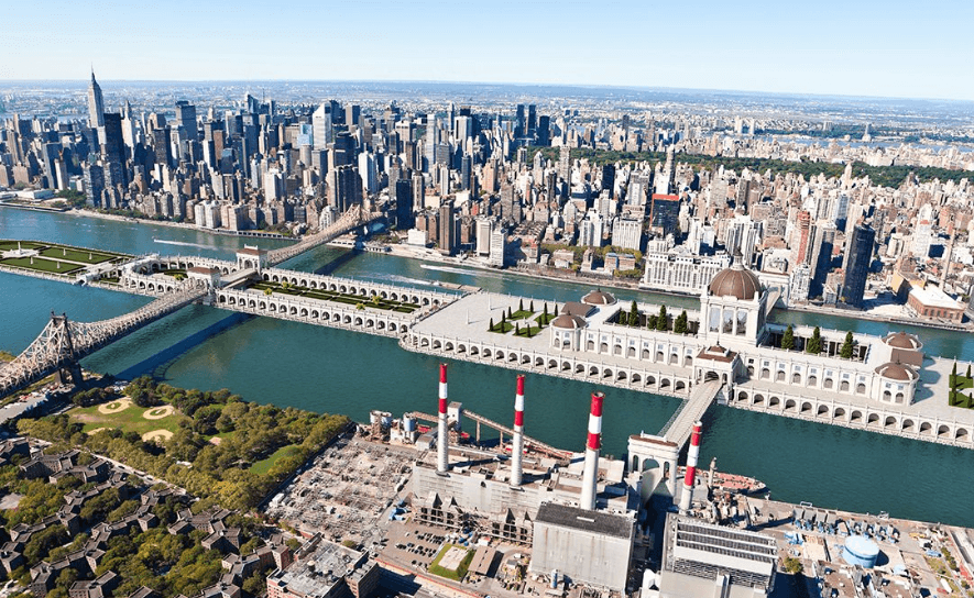 <b>Roosevelt Island.</b> En 1902, el excongresista John De Witt Warner se quejó que no había muchos centros cívicos en la ciudad. Como respuesta a esa queja, Thomas J. George propuso una remodelación de Blackwell’s Island, hoy conocida como Roosevelt Island. El resultado es el que muestra la imagen.
