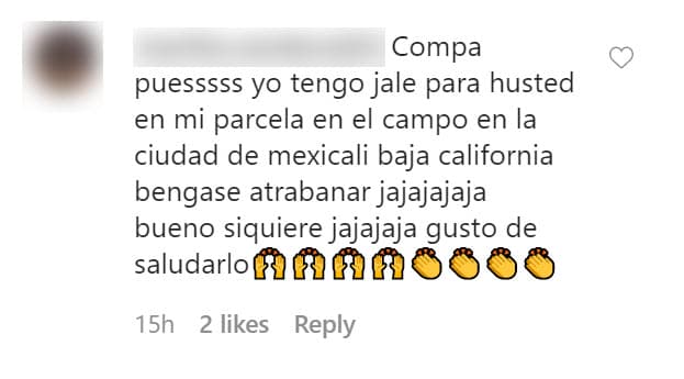 Una admiradora más del actor le propuso trabajo en Mexicali. "Yo tengo jale (trabajo) para usted en mi parcela en el campo en la ciudad de Mexicali, Baja California, vengase a trabajar ja ja ja ja ja". 
<br>