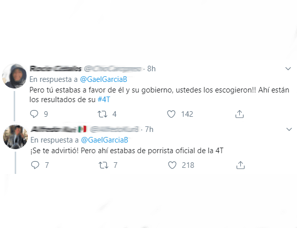 Las palabras de Gael García Bernal tuvieron una rápida respuesta en Twitter, muchas de ellas le recordaron al actor que, en su momento, él apoyó a López Obrador.
