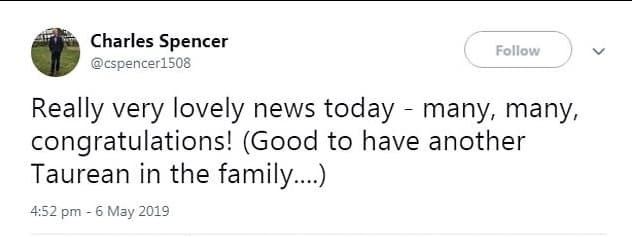 <b>“Noticias realmente adorables hoy</b> - muchas, muchas, ¡felicidades! (Es bueno 
<b><a href="https://www.univision.com/famosos/con-brillo-de-superestrella-astrologa-analiza-el-nacimiento-del-bebe-de-meghan-markle-y-el-principe-harry-video">tener otro tauro en la familia</a></b> ...)”, escribió el tío de los príncipes Harry y William.