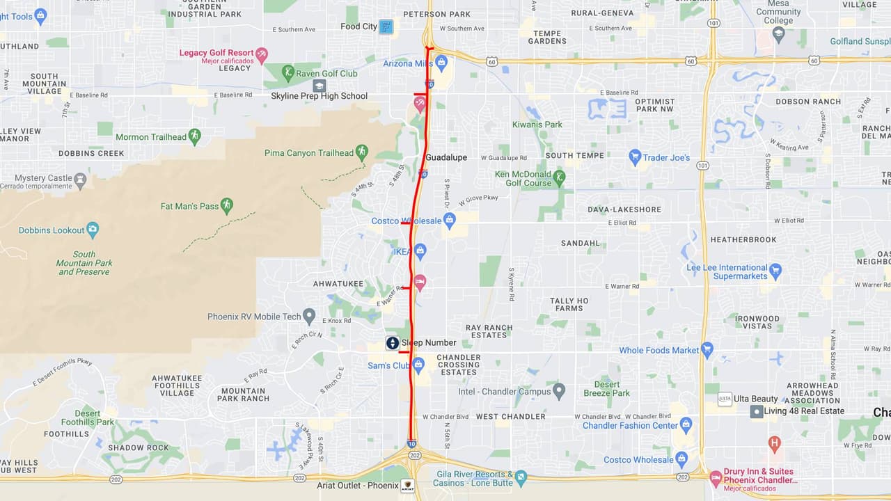 <b>Interestatal 10 este</b>
<br>La Interestatal 10 en dirección este cerrará entre la US 60 (Superstition Freeway) y el Loop 202 (autopistas Santan/South Mountain) desde las 11 p.m. del viernes, hasta las 4 a.m. del lunes.
<br>
<br>La rampa de la US 60 en dirección oeste hacia la I-10 también estará cerrada, al igual que ambas rampas HOV entre la I-10 y la US 60, y la de entrada a la I-10 en dirección este en Broadway Road.
<br>
<br>
<b>Rutas alternas</b>
<br>Los conductores de la I-10 en dirección este pueden considerar usar el Loop 202 en dirección este (Autopista Red Mountain), comenzando cerca de la SR 51 para llegar al Loop 101 en dirección sur.
<br>
<br>También pueden usar la US 60 en dirección este hasta el Loop 101 en dirección sur, y el Loop 202 en dirección oeste (Autopista Santan) en Chandler para llegar a la I-10 más allá del cierre.
<br>
<br>Los conductores en West Valley también pueden usar el Loop 202 (South Mountain Freeway) en dirección sur/este para evitar el cierre de la I-10 en dirección este.