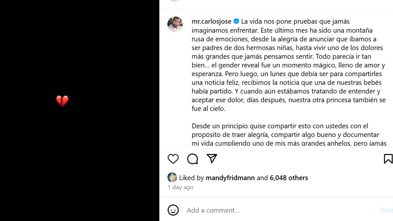Con este mensaje, el presentador Carlos Torres dio a conocer en Instagram que la segunda gemela que esperaba también murió.