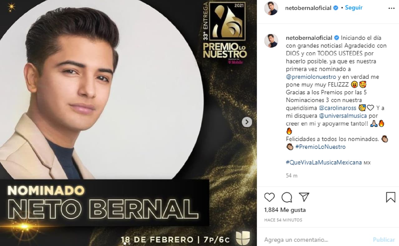 <b>Neto Bernal, otro de los artistas que debuta en la categoría de Artista Revelación Masculino</b>, y suma otras cuatro nominaciones, también compartió su alegría y agradecimiento con su disquera y su compañera Carolina Ross.