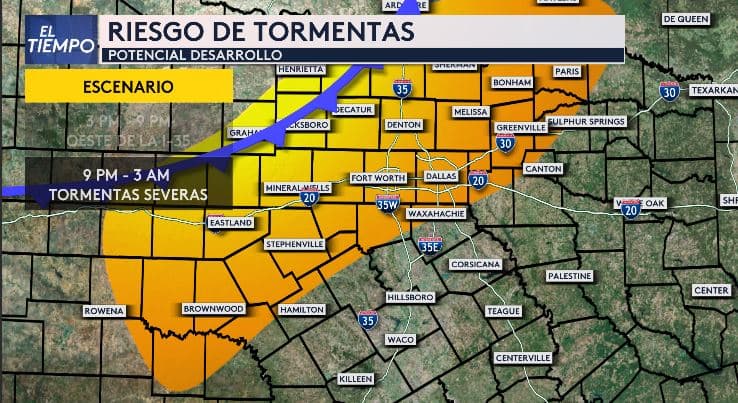 Entre las 9 de la noche del martes y las 3 de la mañana del miércoles
<b>, el sistema de tormentas podría afectar a todo el Metroplex.</b>