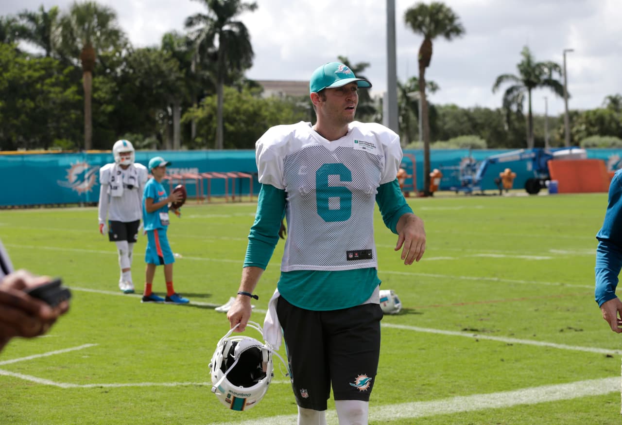 Miami Dolphins quarterback Jay Cutler walks off the field after practice at NFL football training camp, Tuesday, Aug. 8, 2017, in Davie, Fla. (AP Photo/Lynne Sladky)