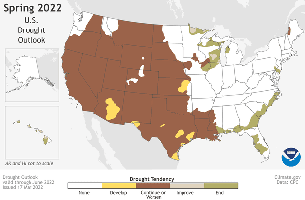 De acuerdo con NOAA, esta primavera será más caliente y seca de lo normal en gran parte del oeste de Estados Unidos, incluyendo a California, Arizona y Texas.