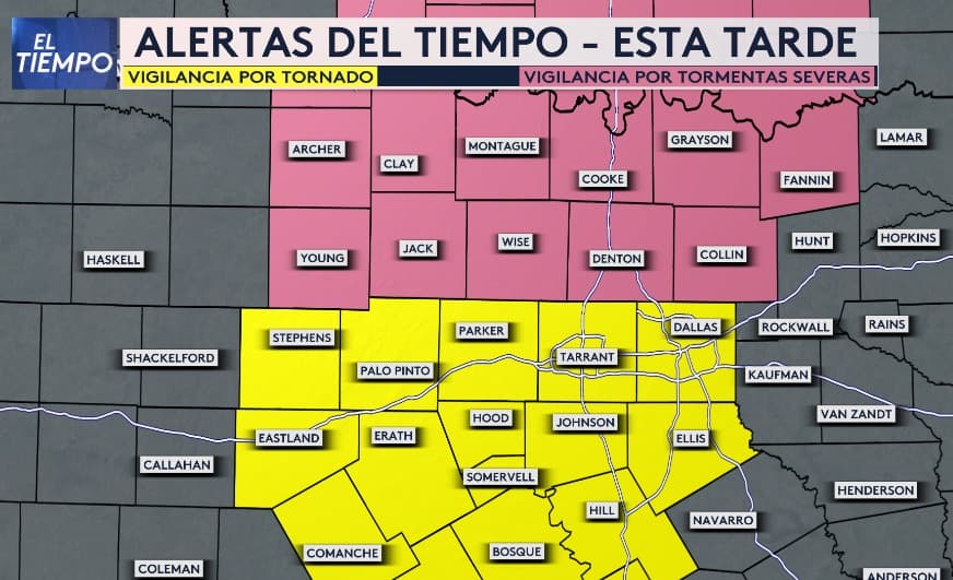 <b>Vigilancia por Tornados Y Tormentas Severas:</b> Se emite una vigilancia por tornados que afecta varios condados en el norte de Texas, incluidas las ciudades de Dallas y Fort Worth, hasta las 9 pm. Al norte de la región, la Vigilancia por Tormentas Severas afecta a condados como Collin y Denton, así lo indica nuestra meteoróloga Nelly Carreño.