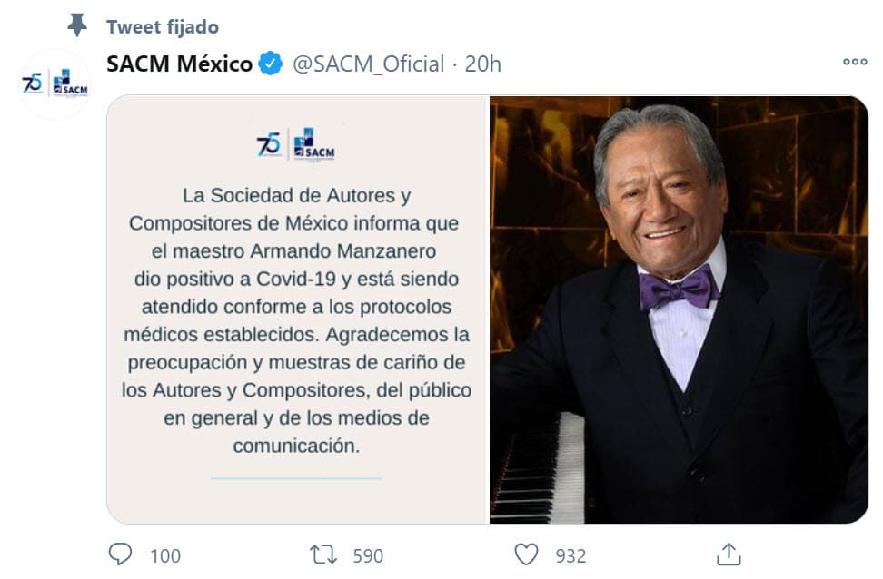 La tarde del 17 de diciembre, la Asociación Nacional de Autores y Compositores de México confirmó que el artista había dado positivo a coronavirus.
<br>