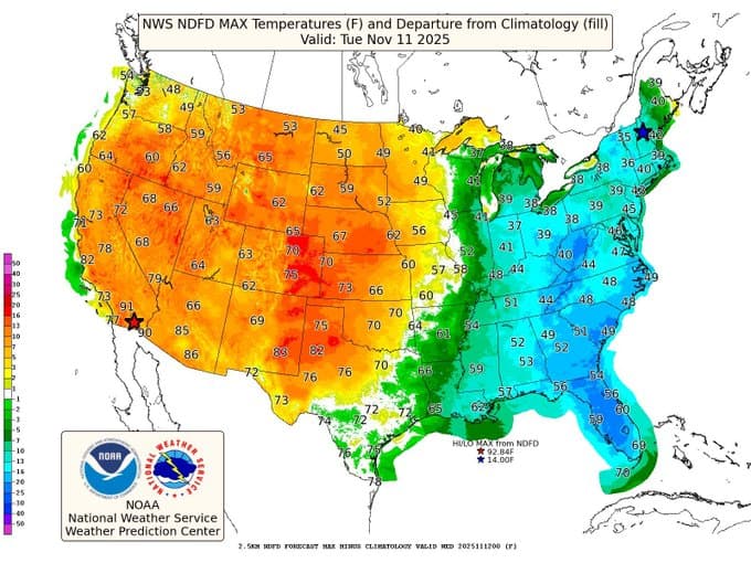 Temperaturas máximas esperadas para este martes 11 de noviembre de 2025 en todo Estados Unidos, que reflejan la ola de inusual frío invernal en la costa Este