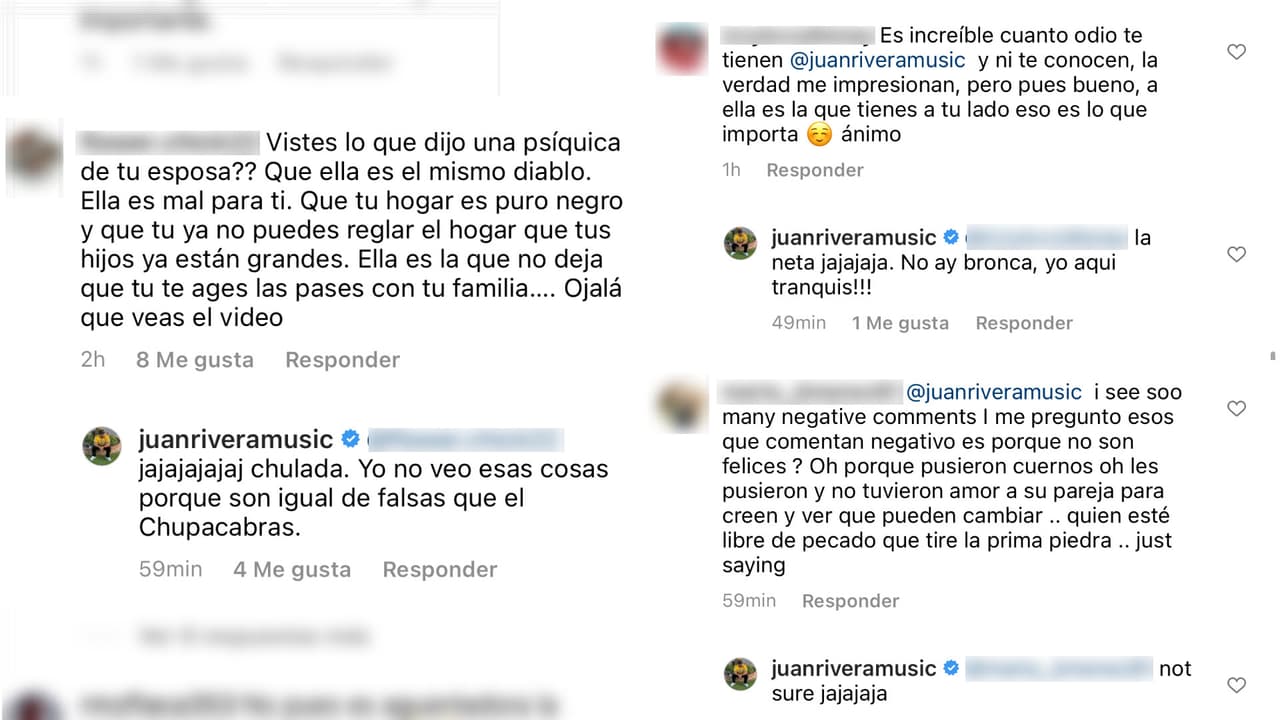 Mensajes que Juan Rivera respondió ante críticas para él y su esposa Brenda.