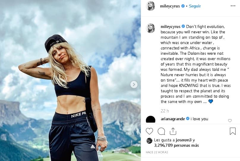 Por su parte, Miley no ha comentado nada de manera explícita acerca de su actual situación sentimental. El pasado domingo 11 de agosto publicó una
<b><a href="https://www.instagram.com/p/B1B68GEJzjW/" target="_blank">serie de fotos</a></b> desde las montañas Dolomitas de Italia en donde habló de "evolución" y dijo que
<b>"el cambio es inevitable".</b>
<br>