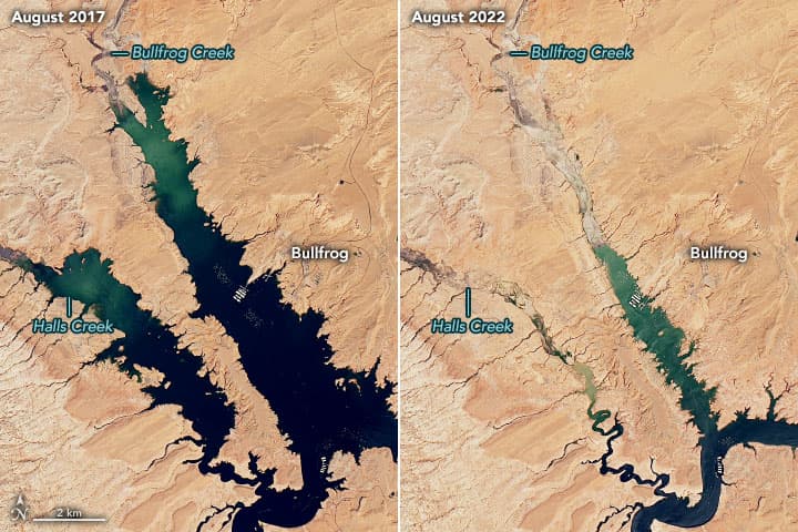 Imágenes de la NASA revelan la sequía en el embalse Powell. Comparativa entre agosto del 2017 y el mismo mes del 2022.