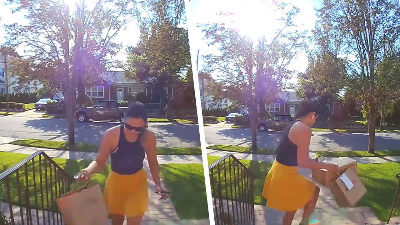 Captan a repartidora mientras robaba paquetes del porche de una casa en Long Island