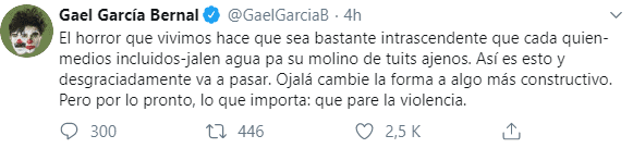 “El horror que vivimos hace que sea bastante intrascendente que cada quien -medios incluidos- jalen agua para su molino de tuits ajenos. Así es esto y desgraciadamente va a pasar. Ojalá cambie la forma a algo más constructivo. Pero por lo pronto, lo que importa: que pare la violencia”.