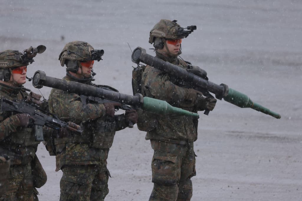 Soldiers of the German army hold Panzerfaust 3 anti-tank weapons as they participate in a training exercise February 07, 2022 in Munster, Germany. NATO member countries have been sending troops and military hardware to NATO member countries across eastern Europe in response to the Russian invasion of Ukraine.