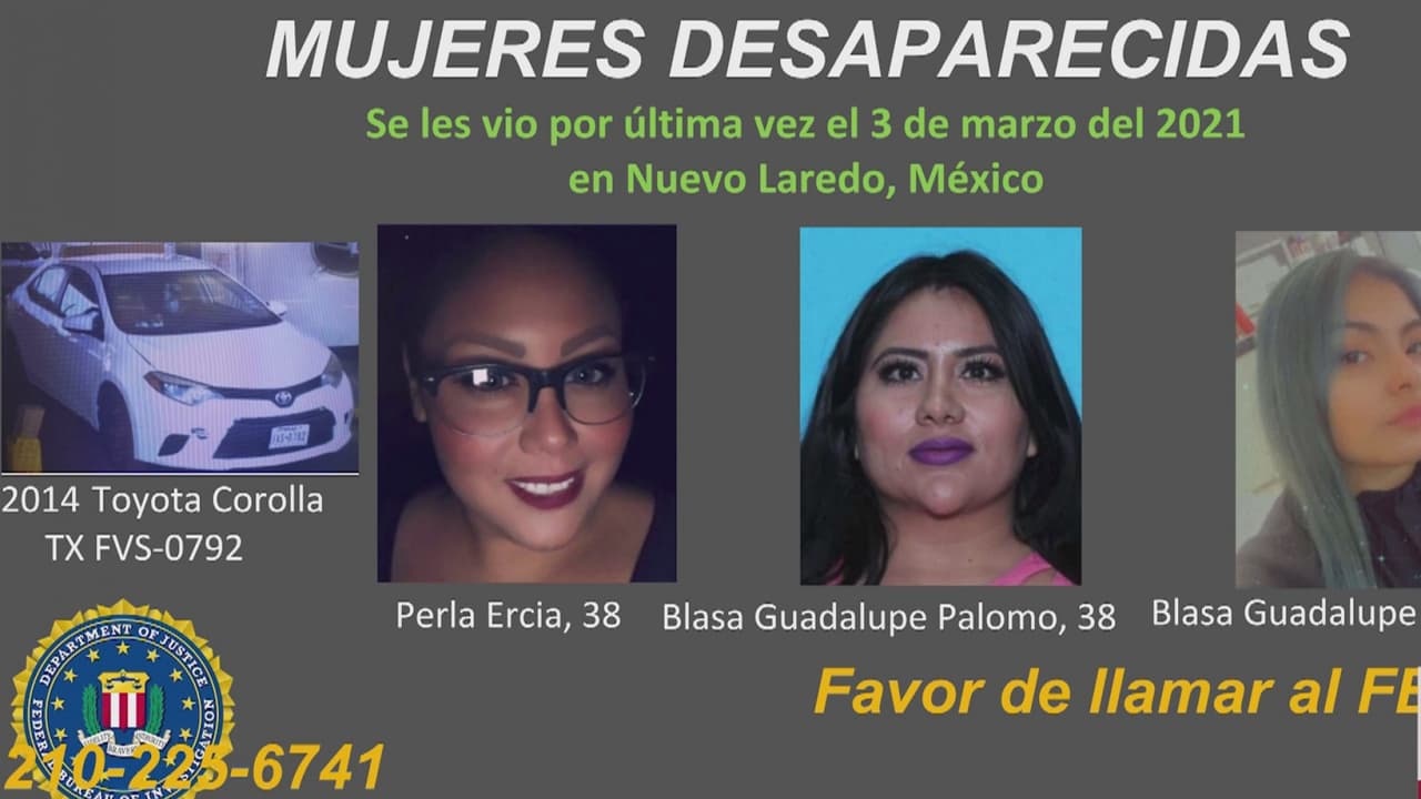 <b> </b>El 
<a href="https://www.univision.com/local/san-antonio-kwex/el-fbi-pide-la-colaboracion-de-la-comunidad-para-localizar-a-tres-mujeres-que-desaparecieron-en-nuevo-laredo-video">FBI</a> en San Antonio investiga la 
<b><a href="https://www.univision.com/local/san-antonio-kwex/el-fbi-de-san-antonio-guadalupe-lupita-palomo-y-perla-ercia-fueron-secuestradas">desaparición de tres residentes de Texas</a></b> que viajaron de San Antonio hacia 
<b>Nuevo Laredo, Tamaulipas</b>, para una cita médica.
<br>
<br>Las mujeres fueron identificadas como 
<b>Blasa Guadalupe Palomo</b>, de 38 años, su hija 
<b>Blasa Guadalupe “Lupita” Palomo, de 18, y Perla Ercia, de 38.</b>
