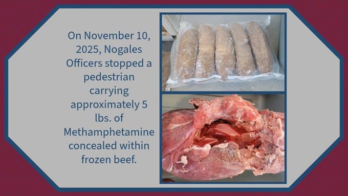 La misma idea la tuvieron traficantes que, además, corrieron con la misma suerte: fueron descubiertos en el puerto de Nogales.
<b>En esta carne congelada había metanfetamina</b>.