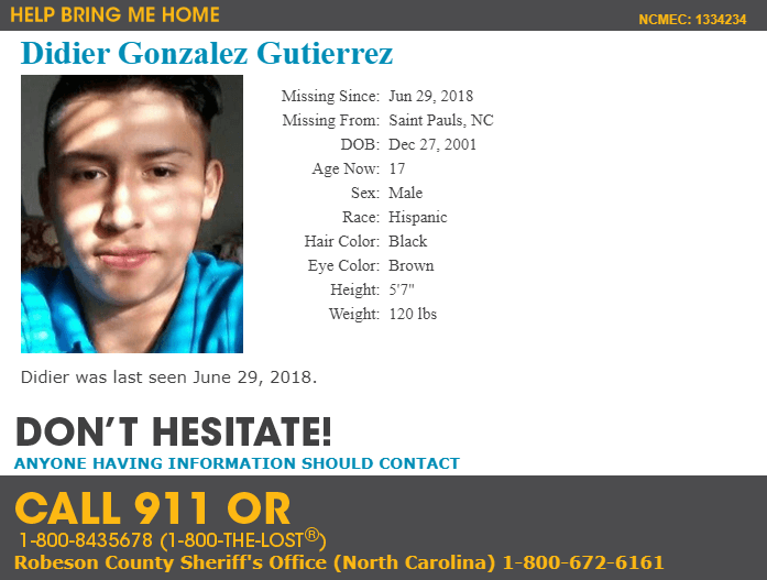 Niños y Adolescentes hispanos extraviados en Carolina del Norte