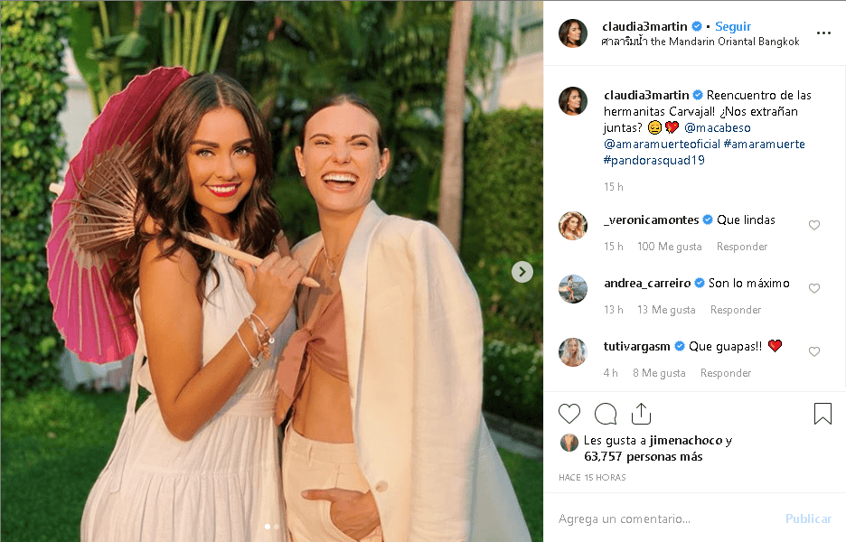 Y también bromeó acerca de su personaje en la telenovela. Subió un par de fotografías junto a Macarena Achaga, quien da vida a Valentina Carvajal, su hermana 
<b><a href="https://www.univision.com/novelas/amar-a-muerte/conoce-a-los-personajes-de-amar-a-muerte-fotos">en ‘Amar a muerte’</a></b>.