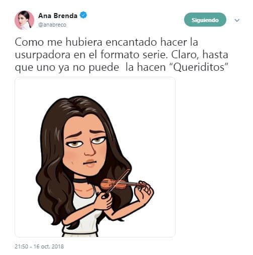 A través de su perfil de Twitter, la actriz de 31 años de edad escribió: "Cómo me hubiera encantado hacer 'La Usurpadora' en el formato serie. Claro, hasta que uno ya no puede la hacen 'queriditos'".