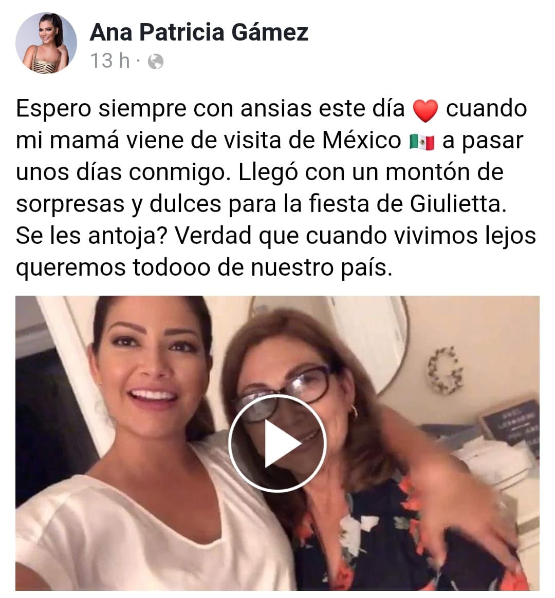 Al recibir a su mamá no tardó en subir un video en el que mostraba su felicidad. Aquí explicó que la señora Alicia Montes pasará unos días previos a la fiesta de Giulietta, quien este 5 de mayo cumplirá 4 años.