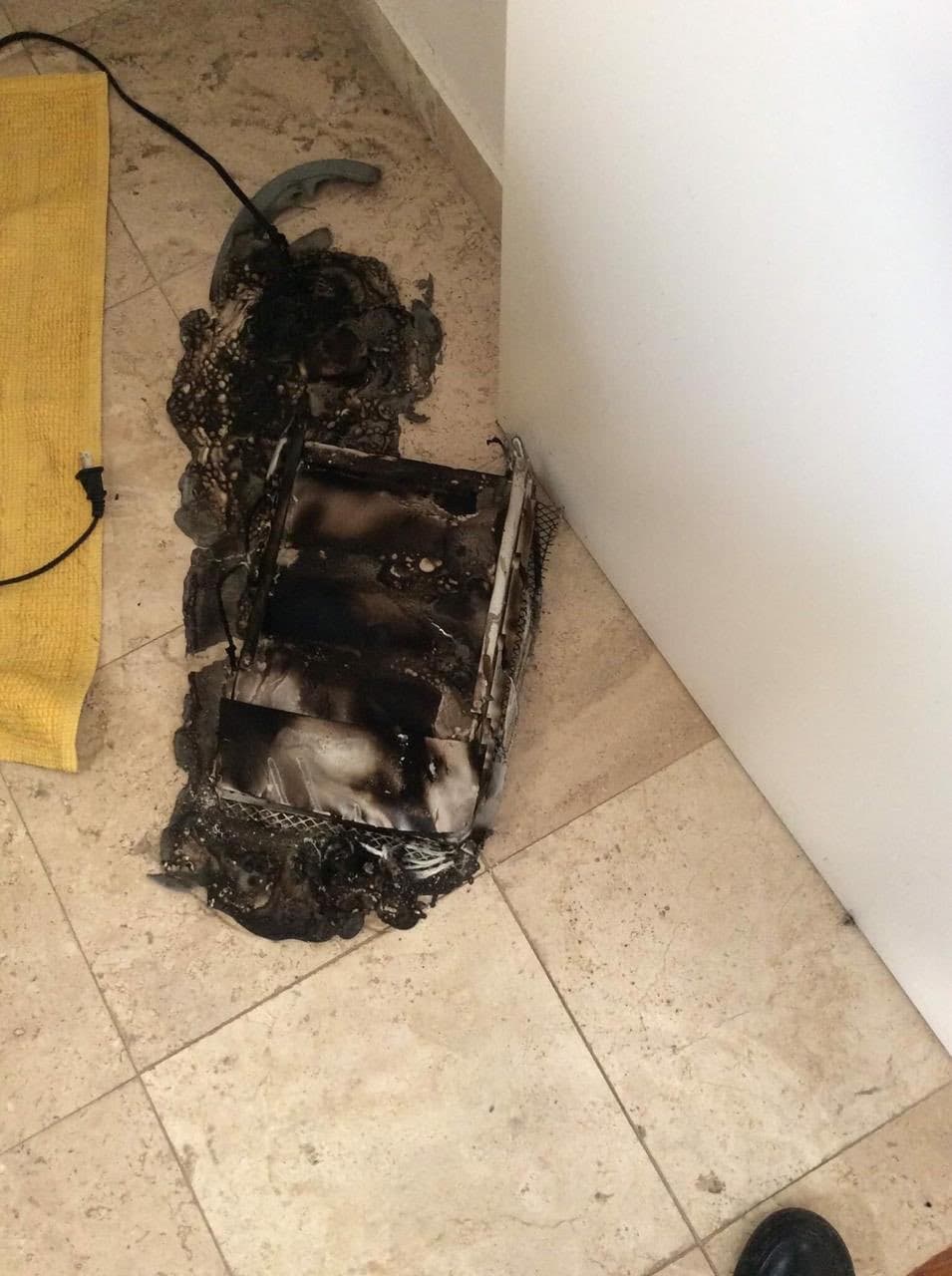 La actriz de la película 'Niñas mal' mostró imágenes del calentador completamente quemado: “Tenía prendido este calentador. Por favor si alguien tiene el mismo no lo usen. Urge sacar este producto del mercado hoy mismo”.