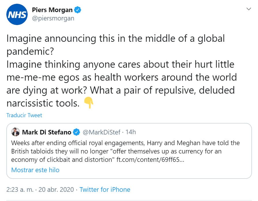 "¿Imaginen anunciar esto en medio de una pandemia global? ¿Imaginen pensar que a alguien le importan sus pequeños egos lastimados mientras los trabajadores de la salud de todo el mundo mueren en el trabajo? Qué 
<b>par de narcisistas</b> repulsivos y egoístas".
<br>