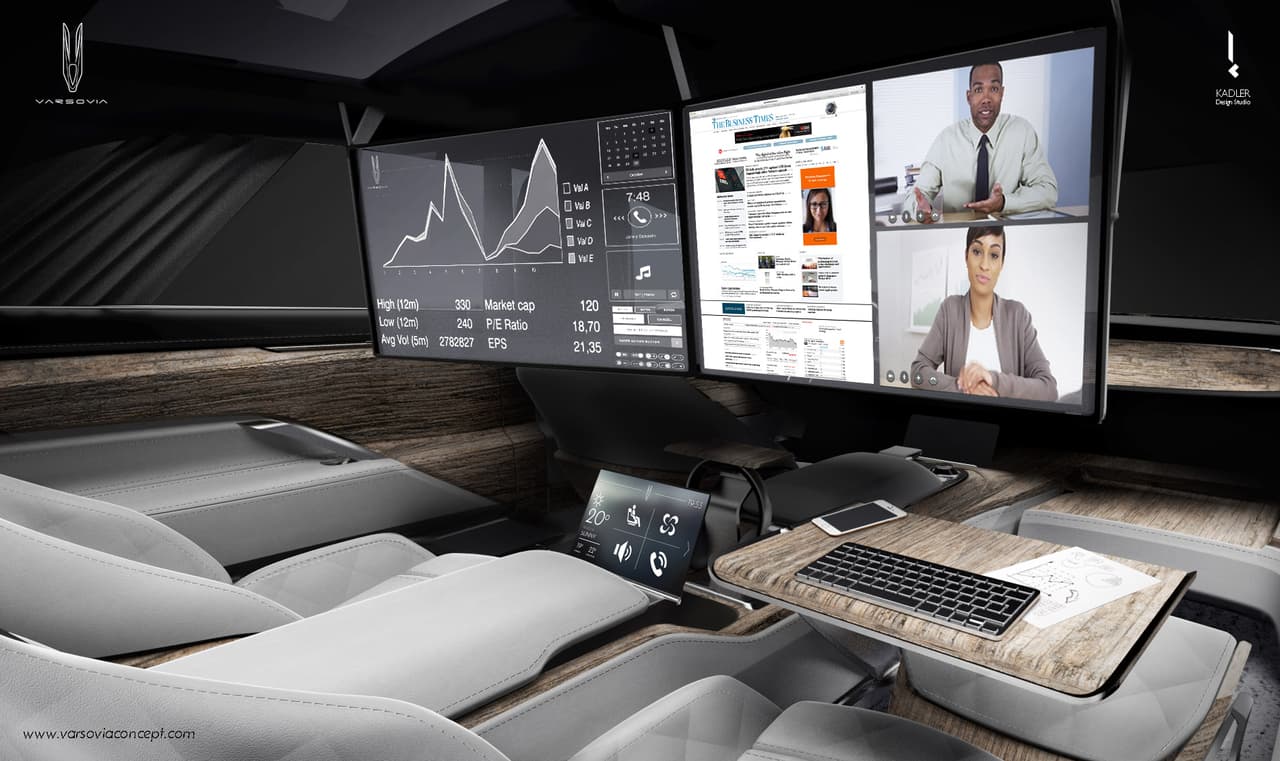 Dos pantallas de 19 pulgadas plegables al techo son la mayor atracción del sistema de info-entretenimiento del 
<b>Varsovia Concept</b>, el cual puede ser controlado desde la tableta portátil en el centro de los asientos.