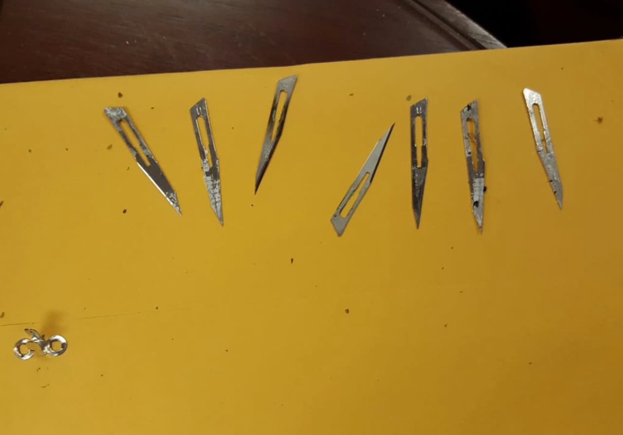 En esta imagen se aprecian los escalpelos incautados a los presos de la cárcel en septiembre de 2014. 
<br>De los alrededor de 7,300 presos que hay actualmente en este complejo, el 
<b>33.1% de la población es hispana</b>, mientras que el 55.7% es afroestadounidense, según datos provistos por el Departamento de Corrección. (Departamento de Investigaciones de la Ciudad de Nueva York vía AP)