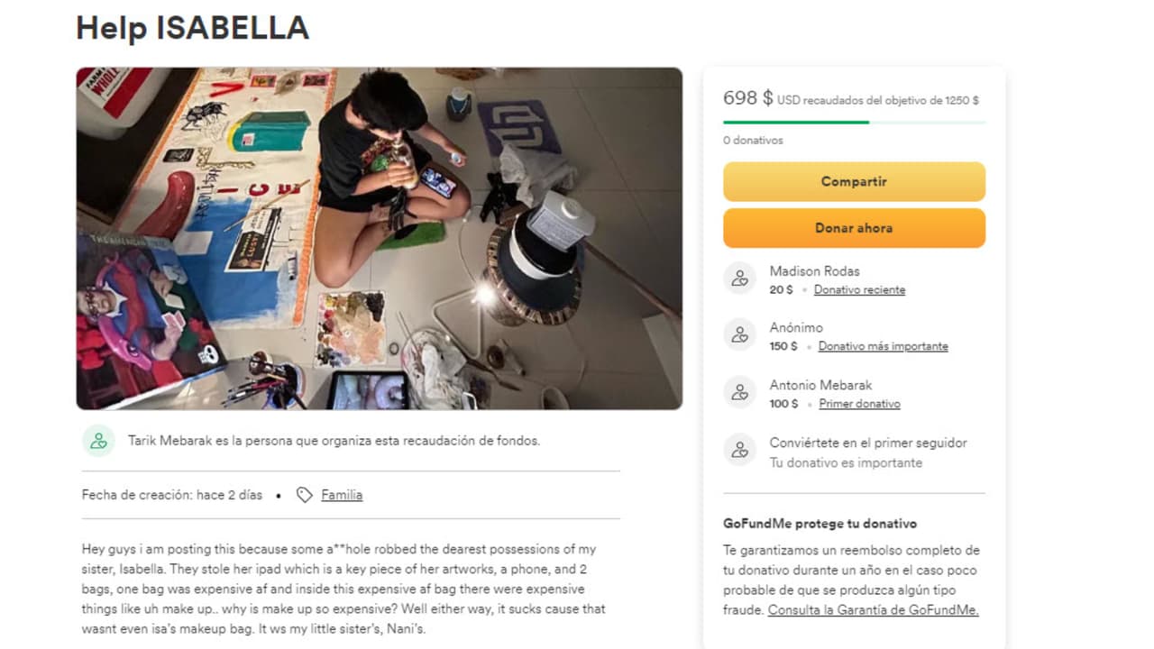 Esta es la página de GoFundMe en la que se solicita ayuda para Isabella Mebarak, sobrina de Shakira, tras el supuesto robo que sufrió.