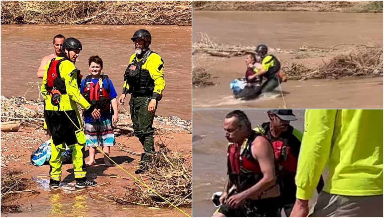Sorprendente rescate de un niño y su padre tras voltearse su balsa en el río Virgin